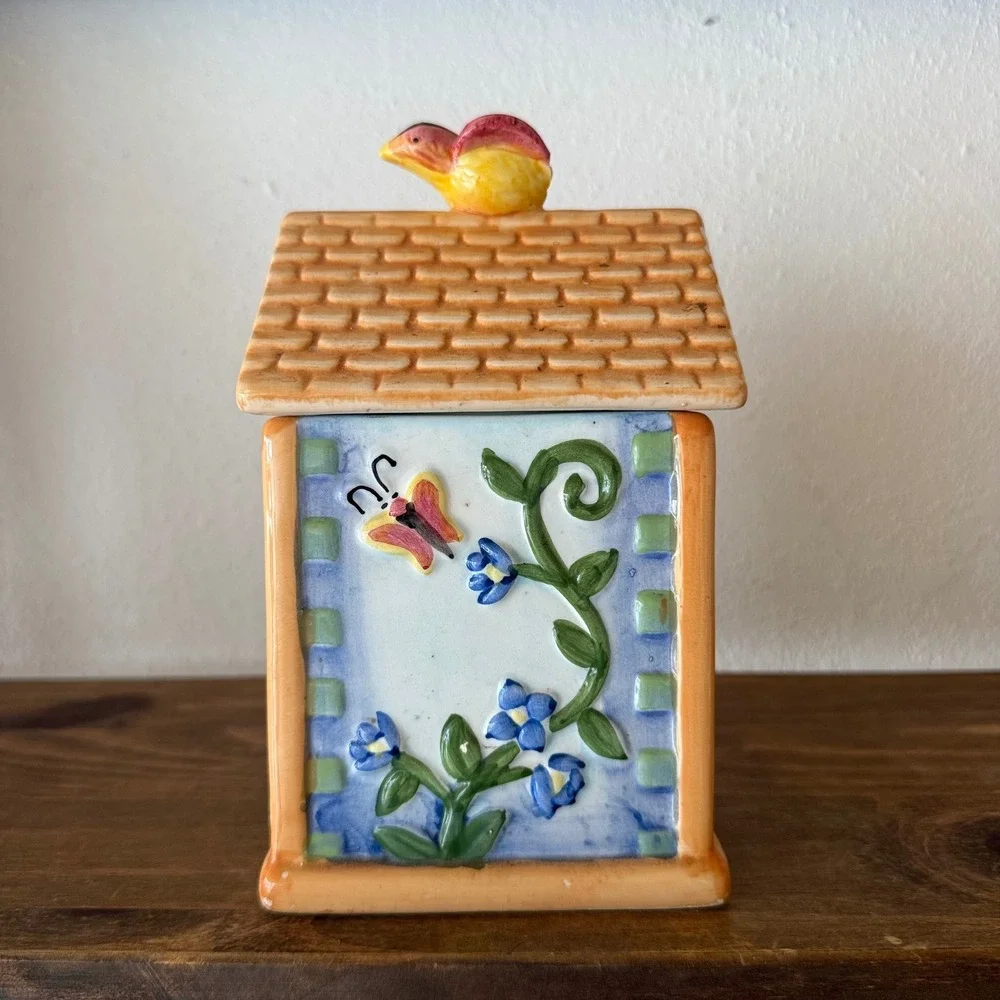 3pc Alco Industries Ceramic Birdhouse Canister Set Floral Butterfly Bird House